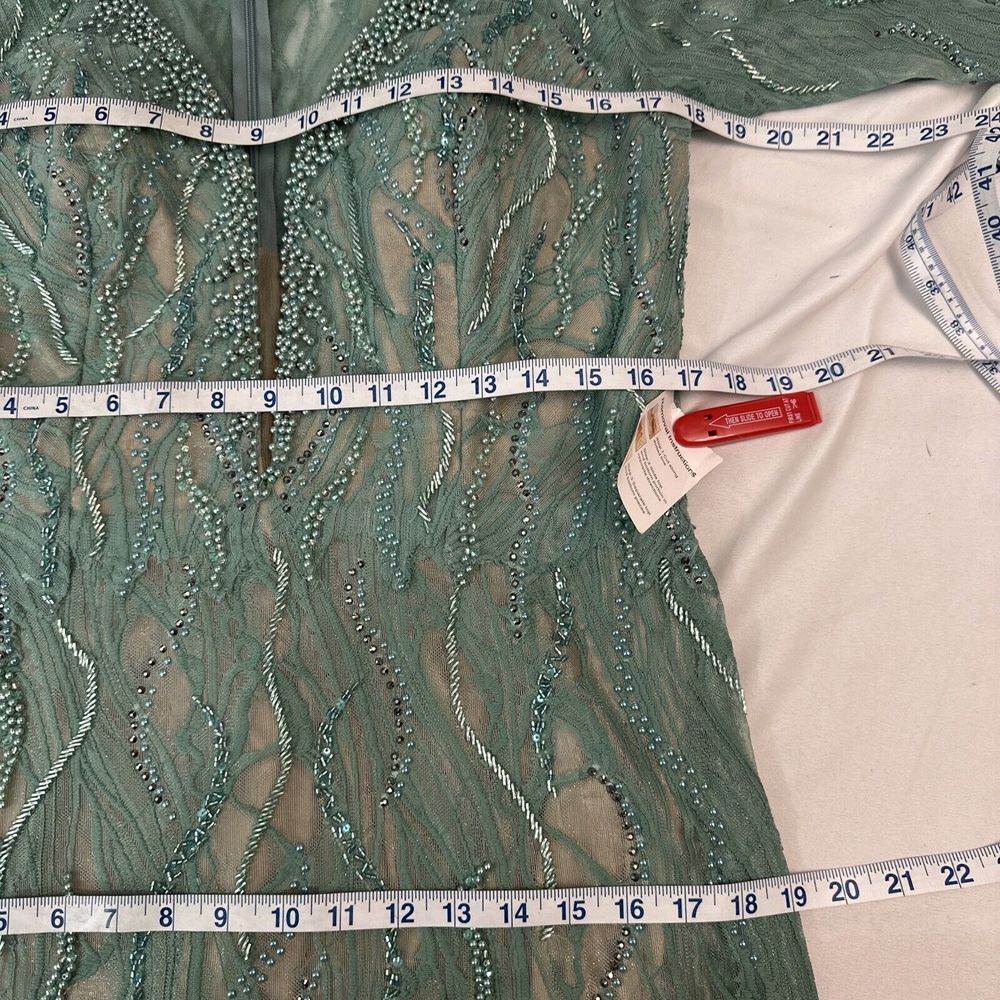 NWT Mac Duggal [ 12 ] 79291 Beaded Lace Long Sleeve Plunge Neck Gown Sage‎ green - Picture 5 of 15